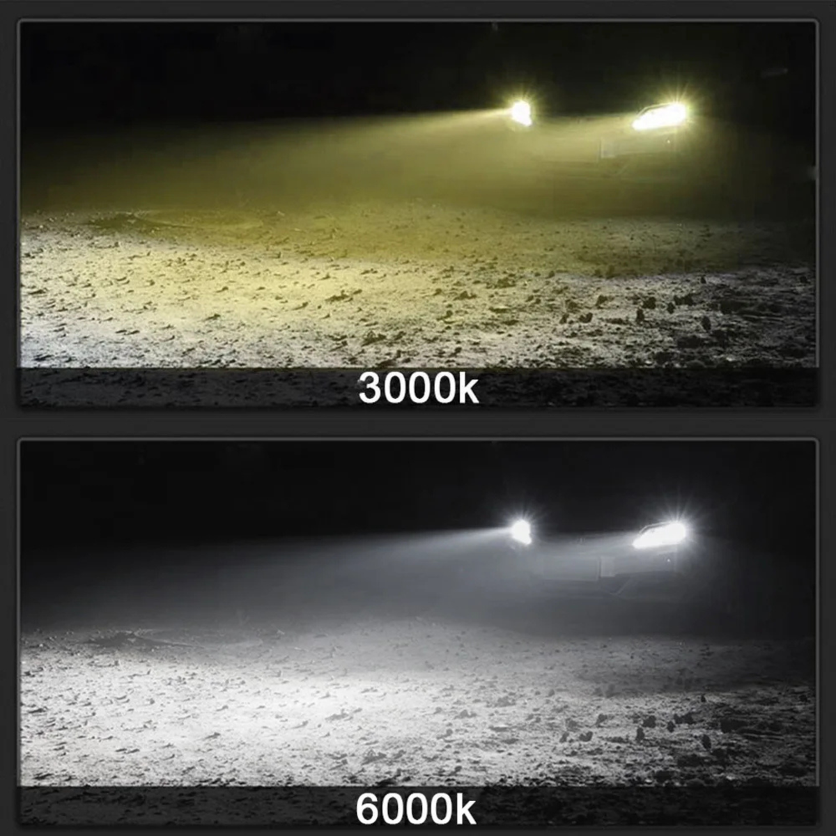 CSP LED Fog Light Bulbs beam on road at night comparing 3000K yellow and 6000K white light