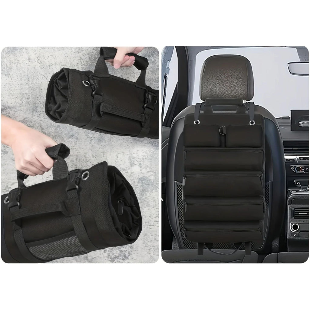 A black car seat organizer bag shown in two views: rolled and carried by hands on the left, and hanging on a car seat on the right.