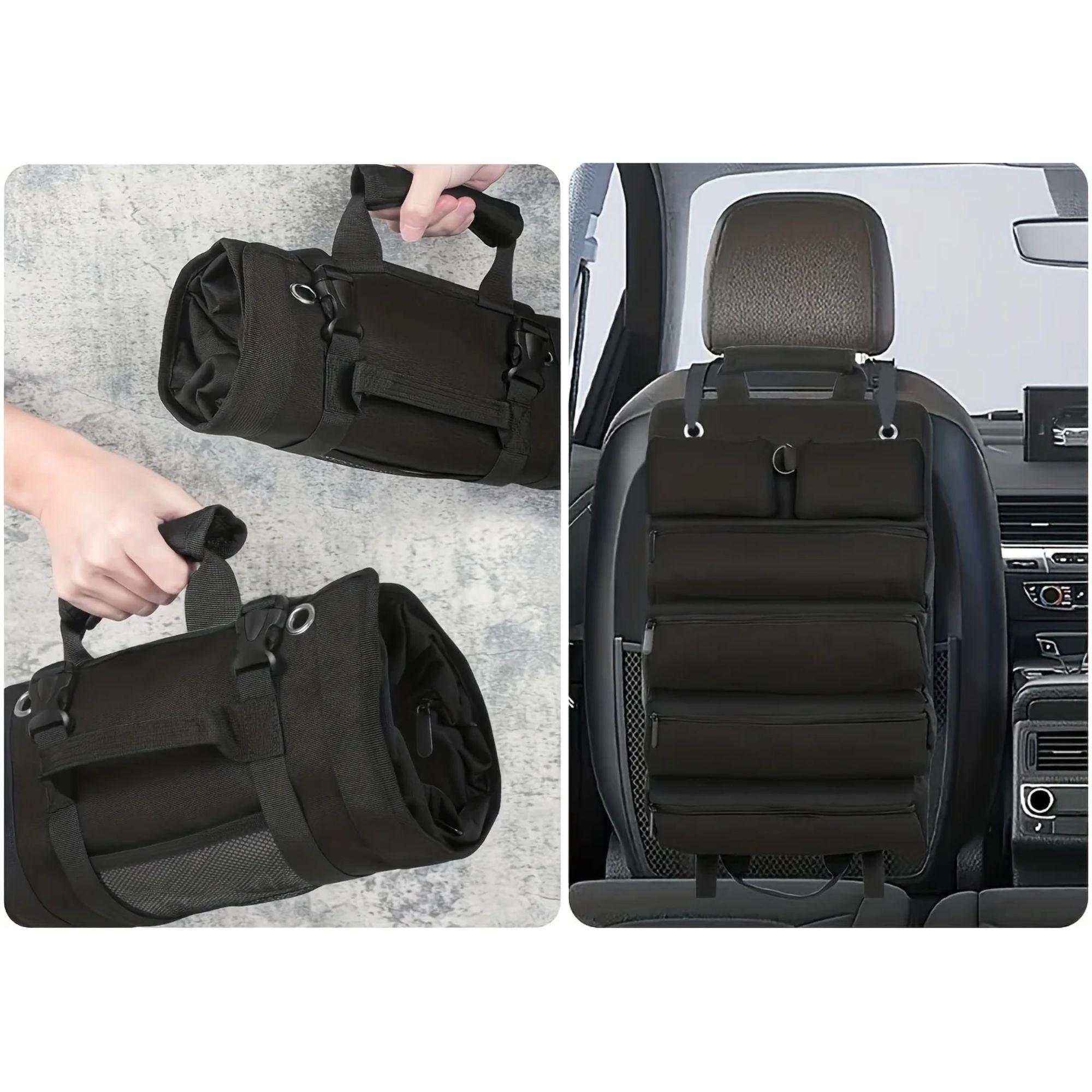 A black car seat organizer bag shown in two views: rolled and carried by hands on the left, and hanging on a car seat on the right.