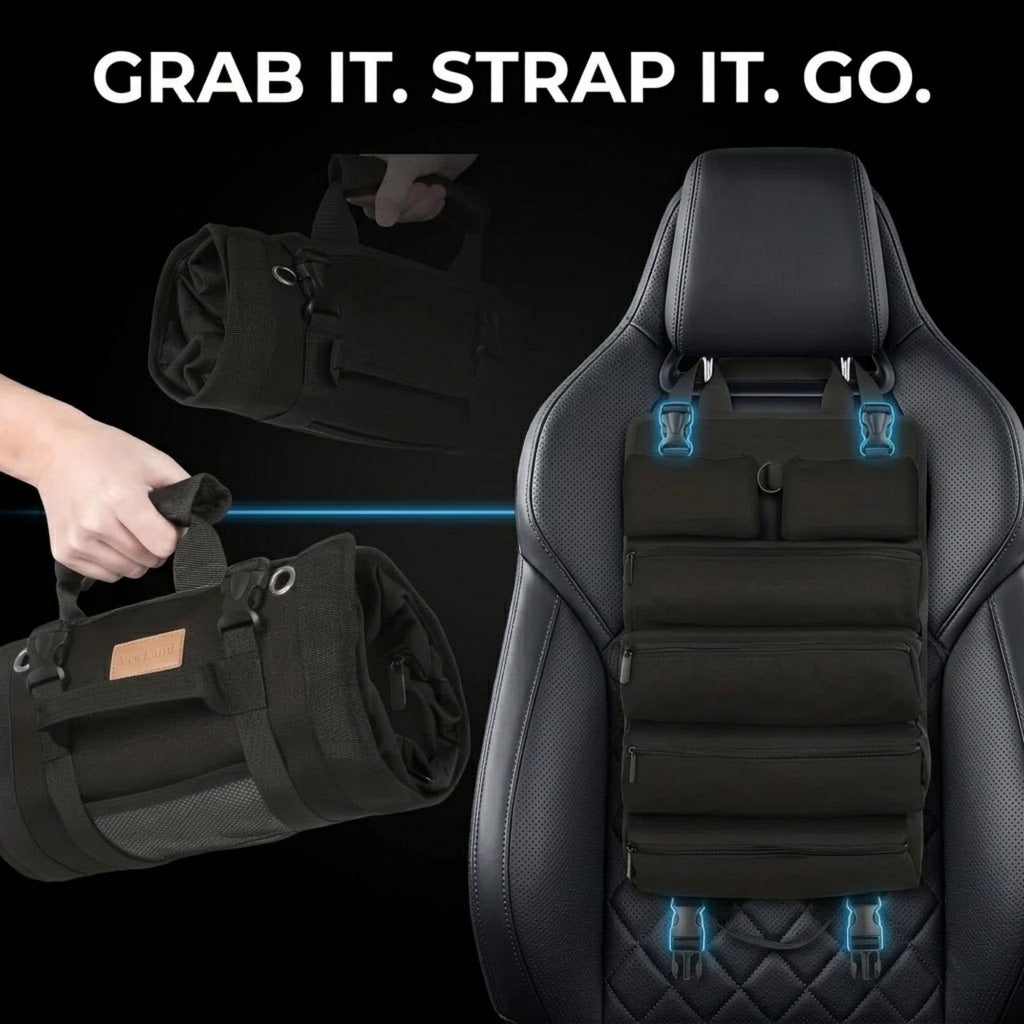 A black seat organizer pouch mounted on a black car seat, with inset views showing a hand holding the rolled bag and the text 'GRAB IT. STRAP IT.