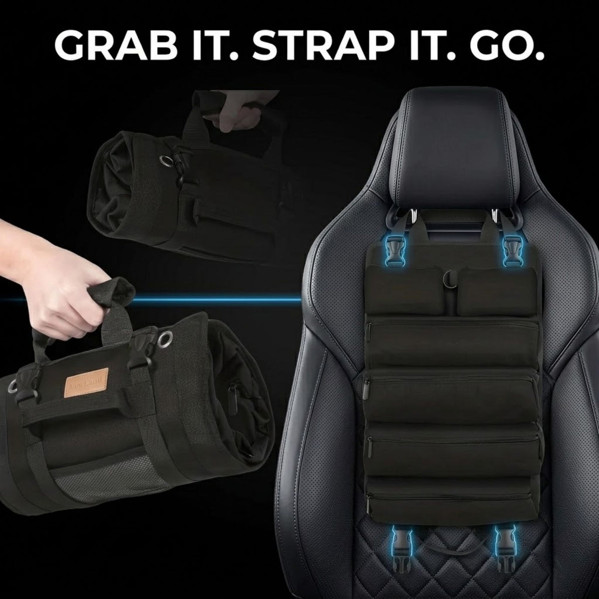 A black seat organizer pouch mounted on a black car seat, with inset views showing a hand holding the rolled bag and the text 'GRAB IT. STRAP IT.