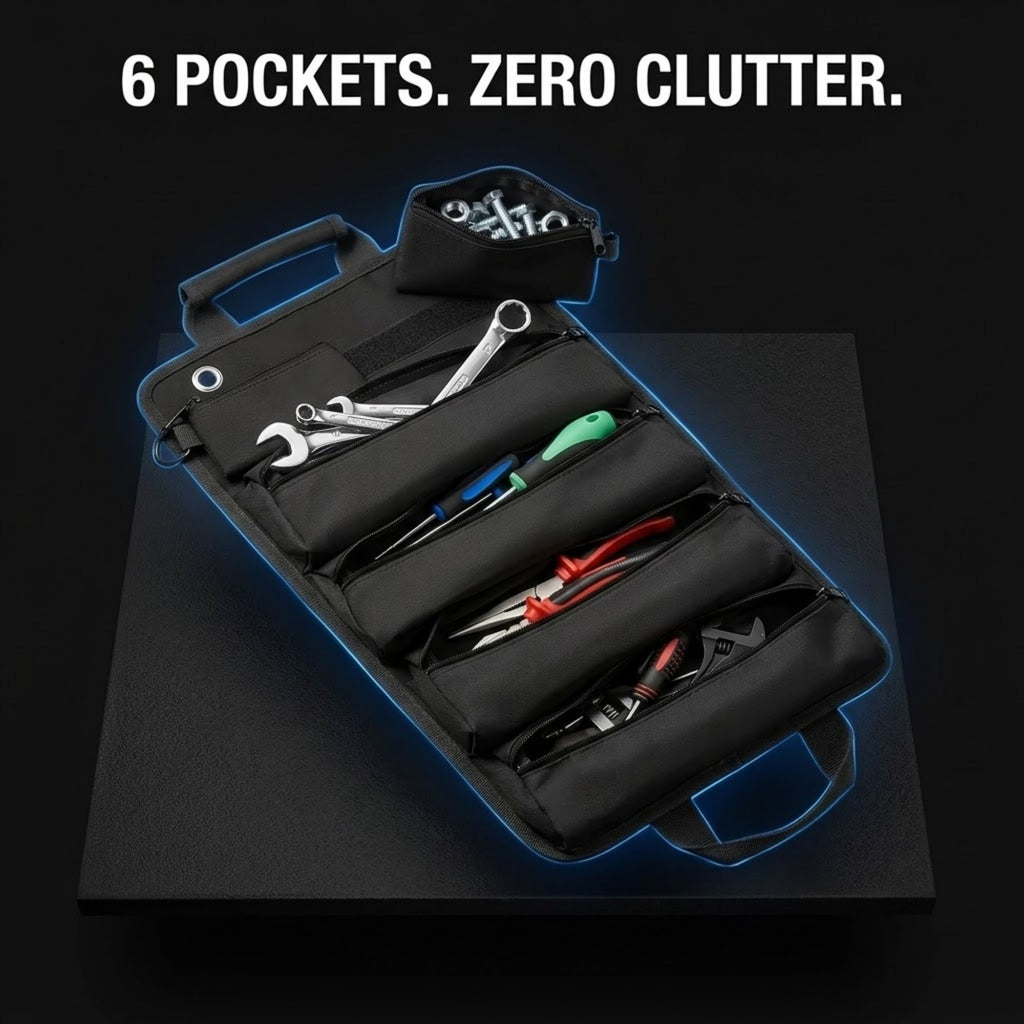 A black multi-pocket tool roll shown open on a dark surface, with various hand tools arranged inside. The image includes the text '6 POCKETS.