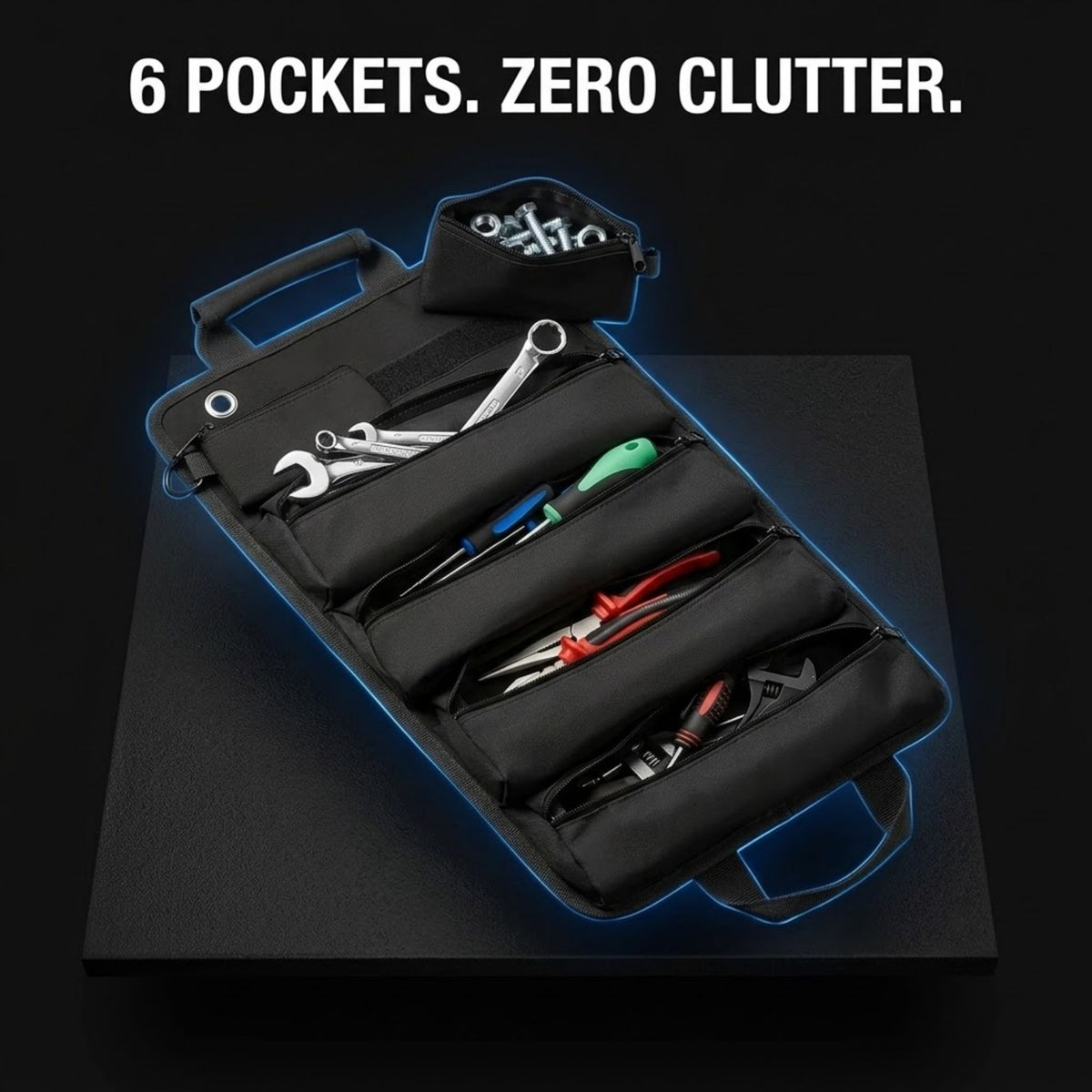 A black multi-pocket tool roll shown open on a dark surface, with various hand tools arranged inside. The image includes the text '6 POCKETS.