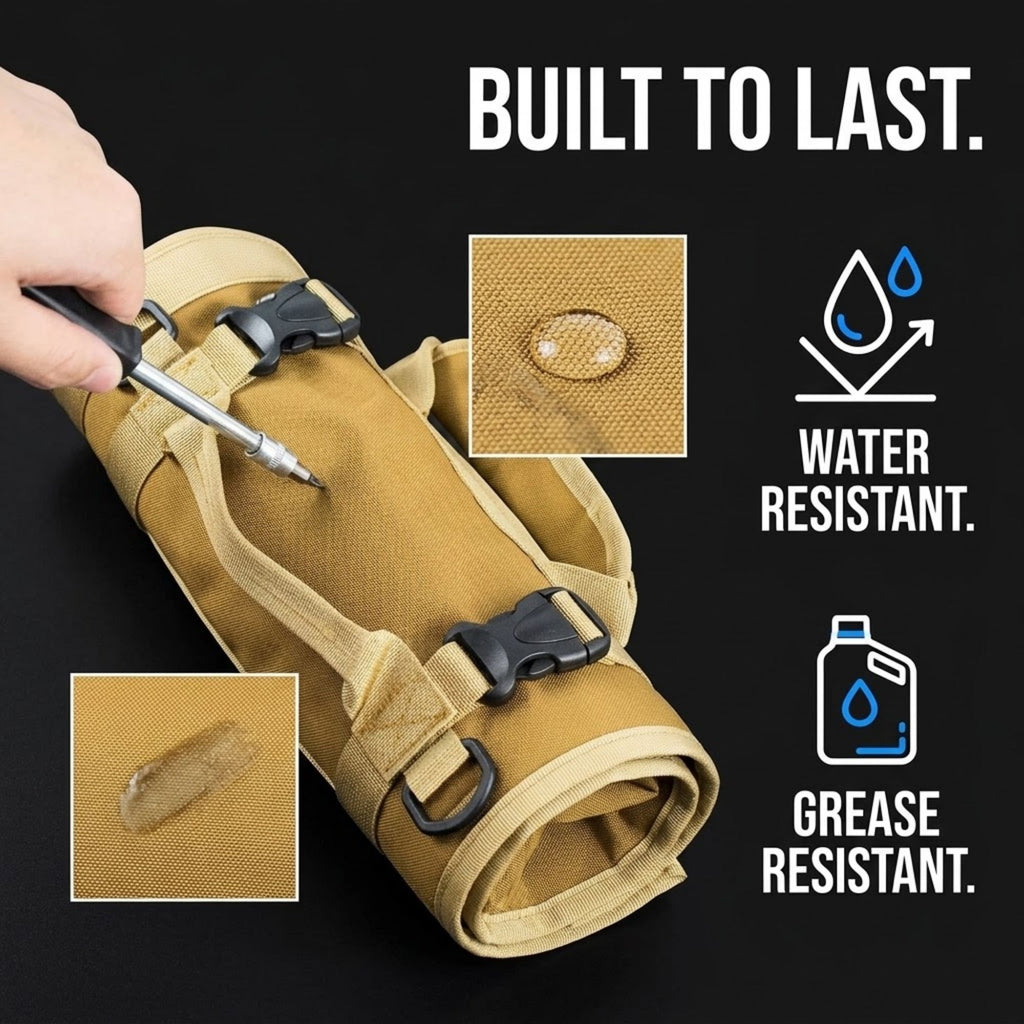 A tan rolled utility pouch or roll-up bag with black plastic buckles, shown on a black background with marketing text and feature callouts: 'BUILT TO LAST.', 'WATER RESISTANT.