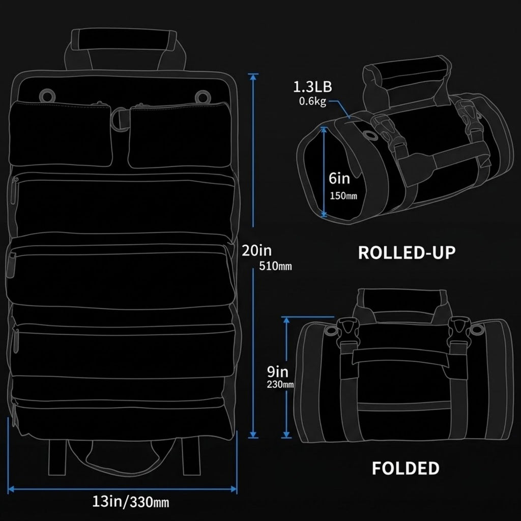 Black duffel bag shown with dimension lines and text indicating unfolded size 20x13 inches, folded size 9x15 inches, weight 1.3 lb (0.