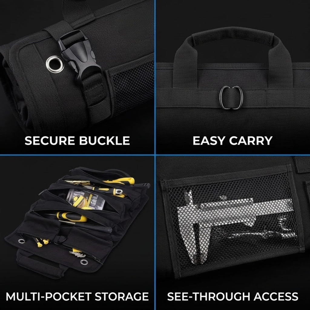 A 2x2 feature collage of a black tool bag or organizer pouch on a dark background. The panels show close-ups of the bag's features: a secure buckle closure, easy carry handle, multi-pocket storage with tools inside, and a see-through mesh pocket.