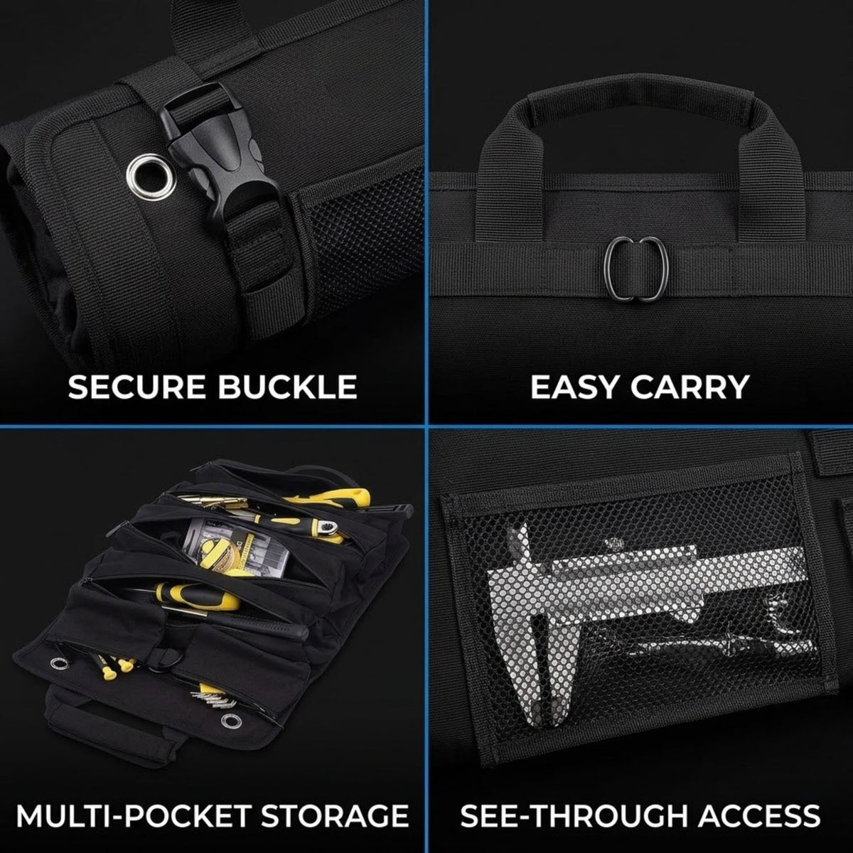 A 2x2 feature collage of a black tool bag or organizer pouch on a dark background. The panels show close-ups of the bag's features: a secure buckle closure, easy carry handle, multi-pocket storage with tools inside, and a see-through mesh pocket.