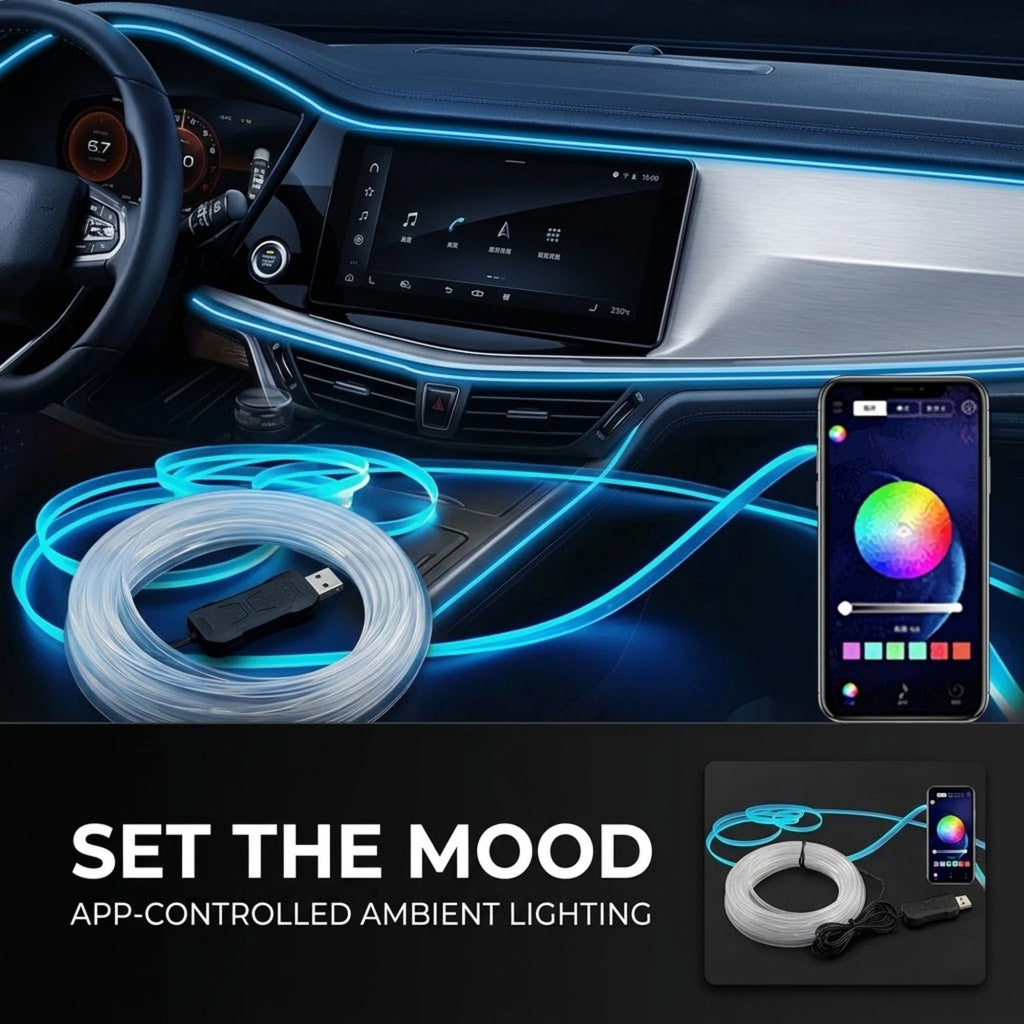 Car interior ambient LED light striping shown installed around the dashboard and console, with a coiled clear light tube, USB controller, and a smartphone app screen displayed on a dark background. Text reads 'SET THE MOOD APP-CONTROLLED AMBIENT LIGHTING'.
