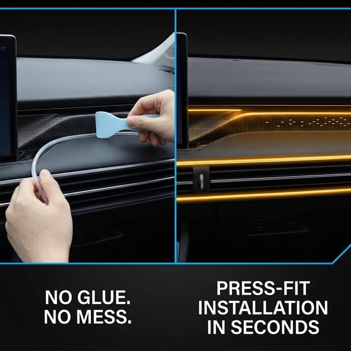 A split-screen demonstration of a car air vent trim seal being applied. The left panel shows hands peeling back a light blue protective liner from a gray adhesive strip, with the text 'NO GLUE.