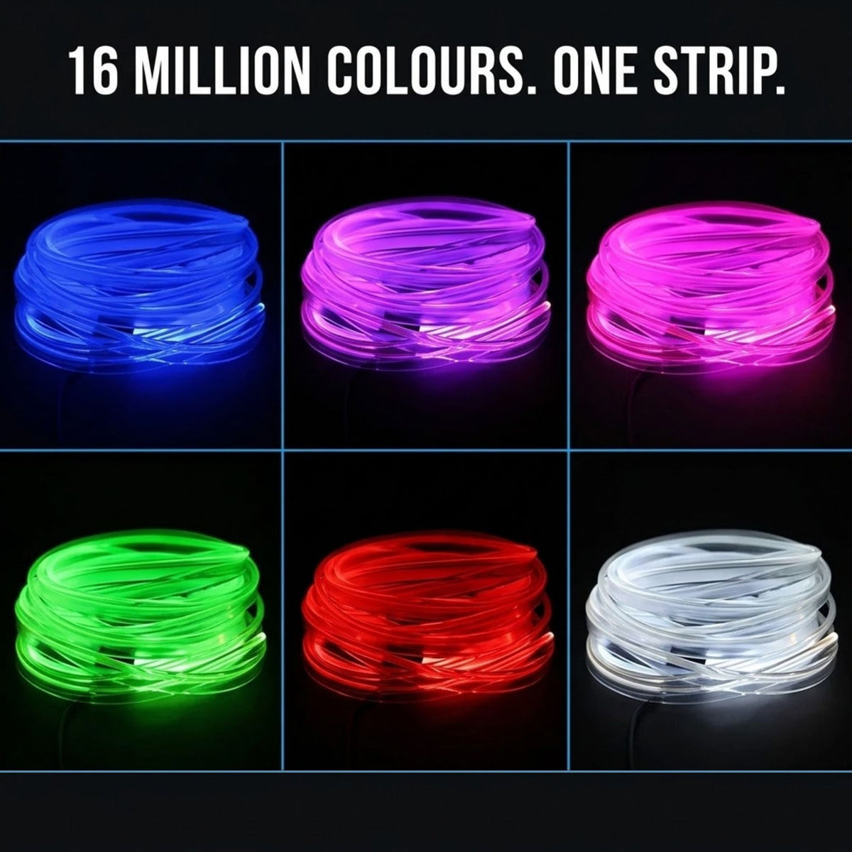 Six coiled ELIG light strips shown in different colors on a black background, with the text '16 MILLION COLOURS. ONE STRIP.