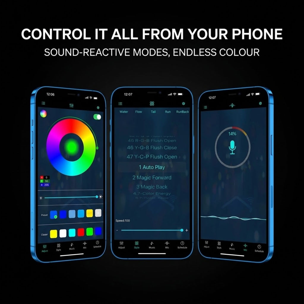Three smartphones with blue edges display a mobile app interface for controlling sound-reactive modes and endless color options, set against a black background with the text 'CONTROL IT ALL FROM YOUR PHONE' and 'SOUND-REACTIVE MODES, ENDLESS COLOUR'.