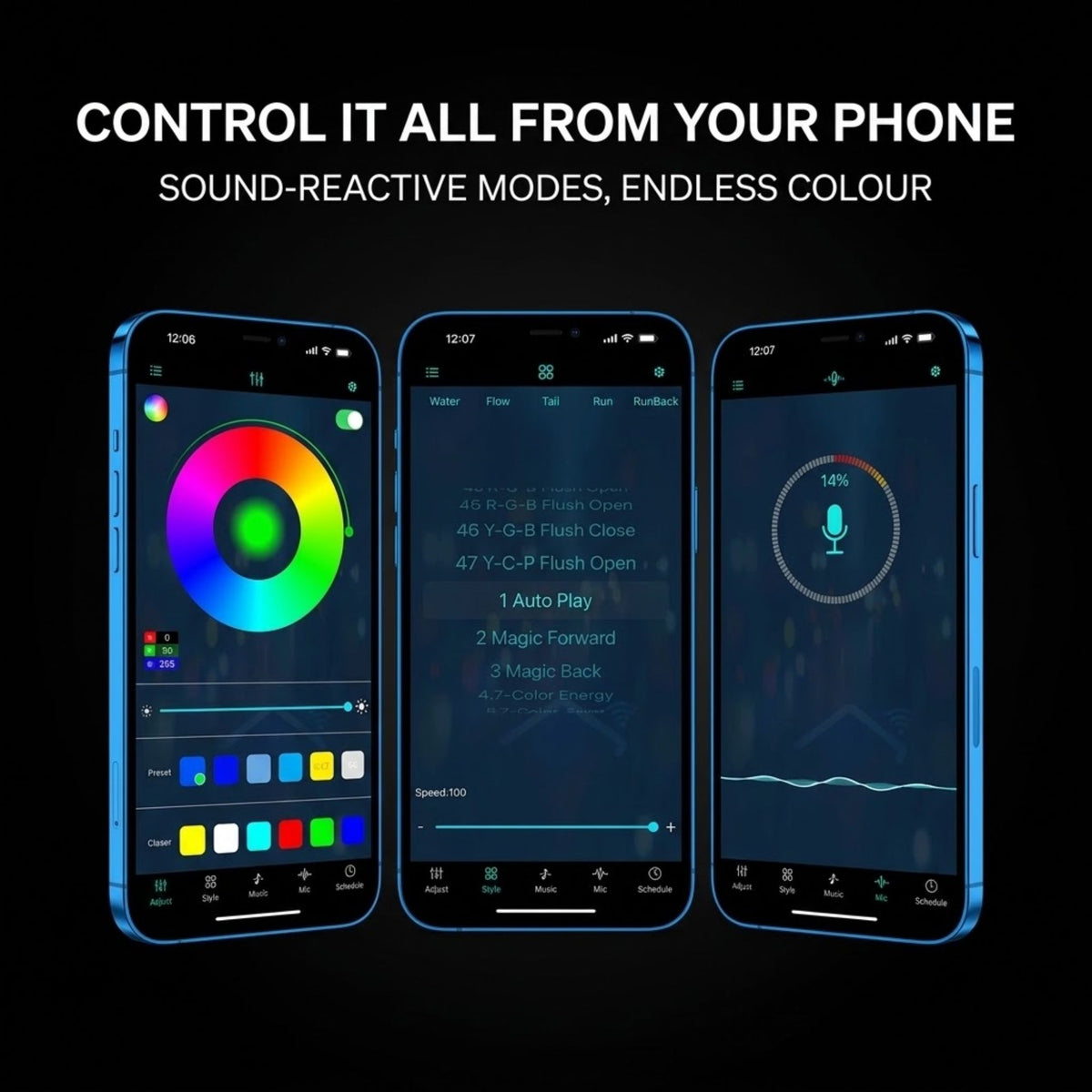 Three smartphones with blue edges display a mobile app interface for controlling sound-reactive modes and endless color options, set against a black background with the text 'CONTROL IT ALL FROM YOUR PHONE' and 'SOUND-REACTIVE MODES, ENDLESS COLOUR'.