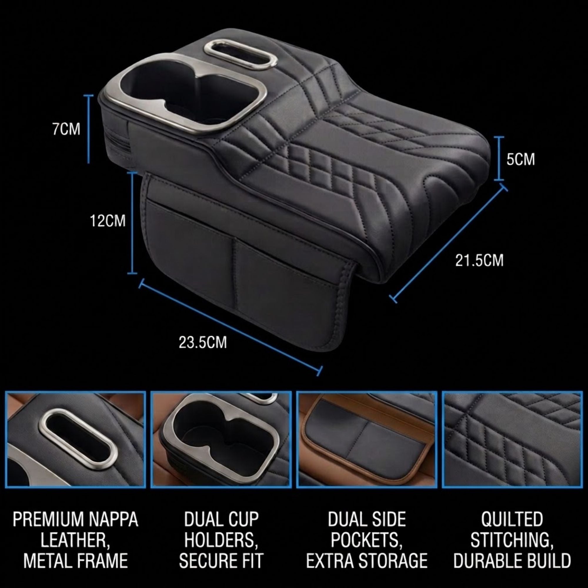 Black faux leather car center console armrest with dual cup holders, quilted stitching, and side pockets, shown with dimension labels and four detail inset photos on a black background.