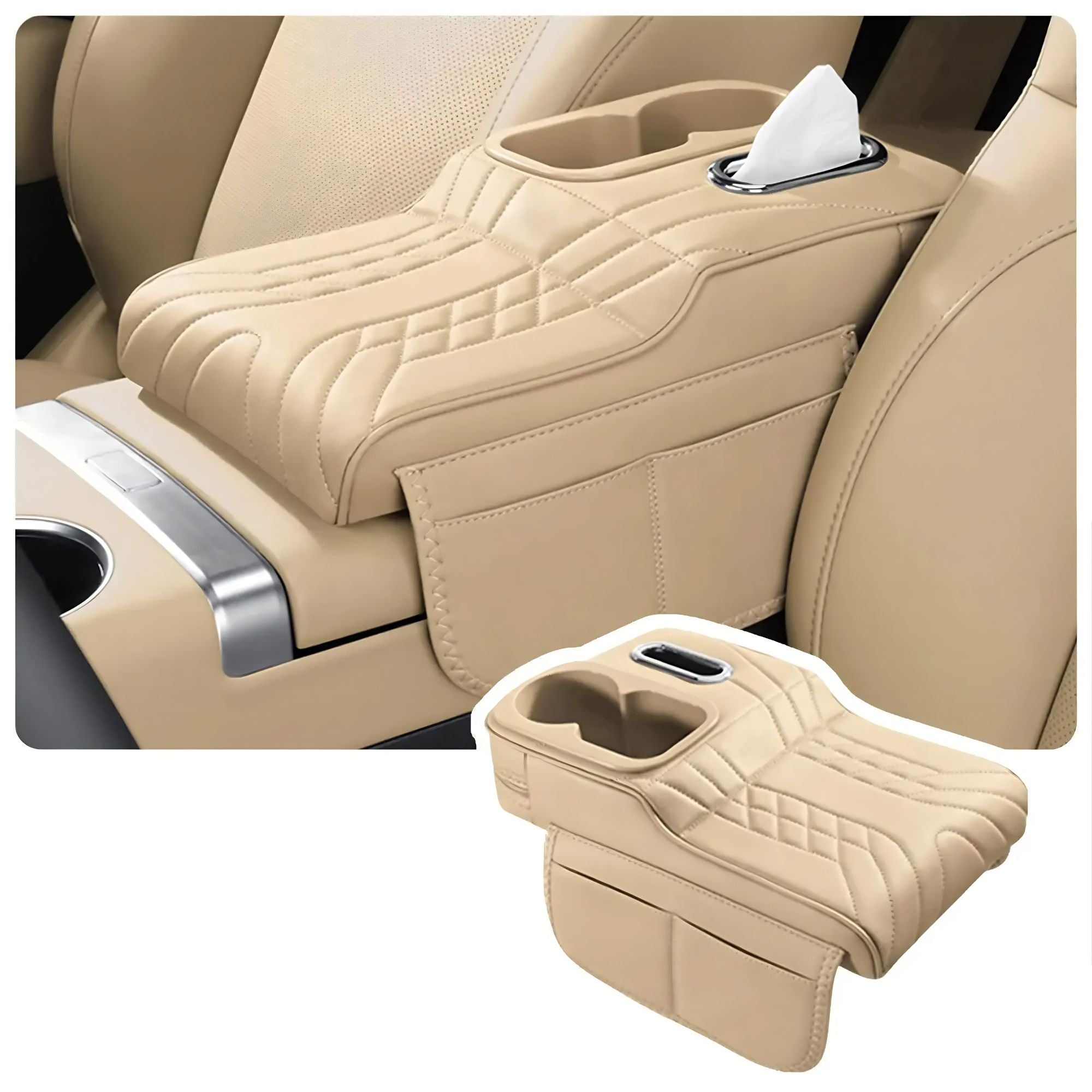 Beige multifunctional car armrest cushion protector with built-in drink holder and tissue slot, shown installed on a vehicle centre console and isolated on a white background.