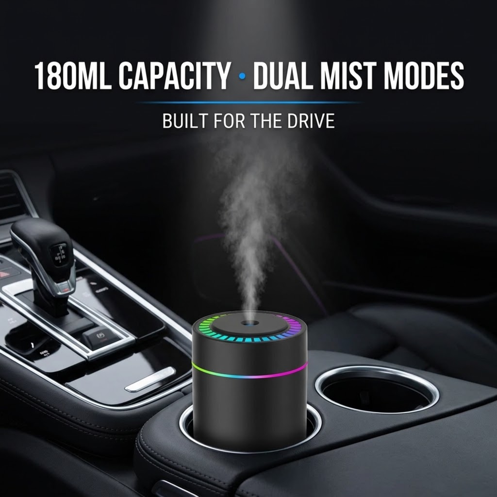 A cylindrical car air humidifier and diffuser sitting in a cup holder inside a car, emitting a visible mist stream. The device is black with a colorful LED ring around the top.