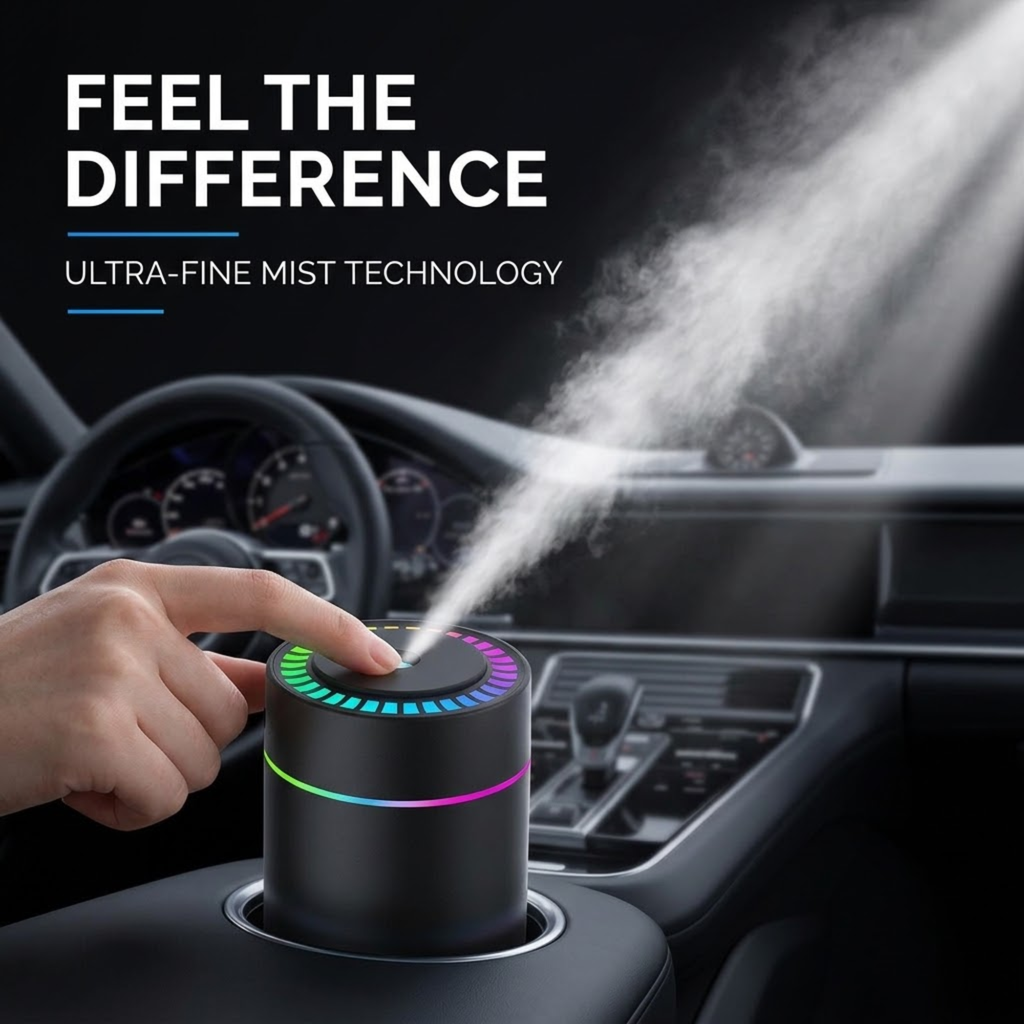 A black cylindrical car center-console humidifier or diffuser with a rainbow LED ring, shown spraying fine mist inside a car. A hand is touching the top of the device.