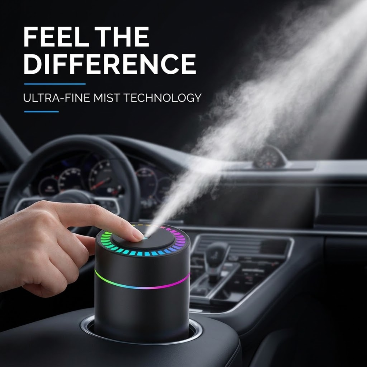 A black cylindrical car center-console humidifier or diffuser with a rainbow LED ring, shown spraying fine mist inside a car. A hand is touching the top of the device.