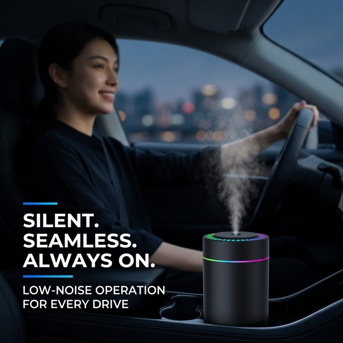 A woman driving a car at dusk with a small cylindrical car humidifier or diffuser on the center console. The device is black with a glowing multicolor ring and visible steam rising from the top.