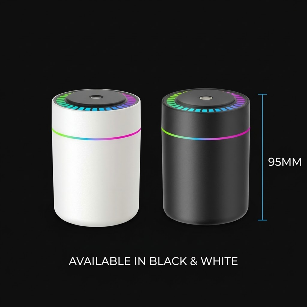Two cylindrical smart devices shown on a black background, one white and one black, with RGB lighting around the top and a 95mm height marker. Text at the bottom reads 'AVAILABLE IN BLACK & WHITE'.