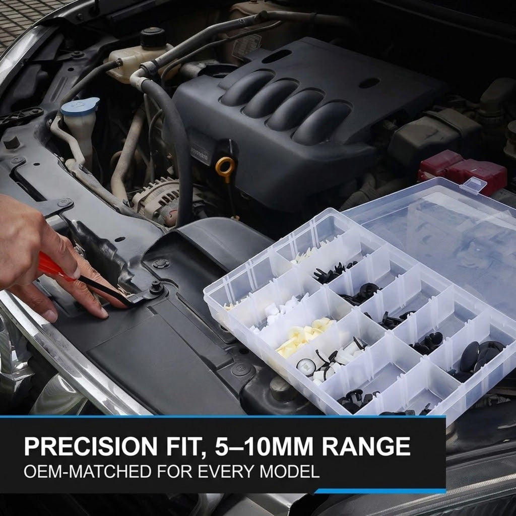 A hand using a red-handled tool to place a small black automotive fastener into a clear plastic organizer box containing various small hardware pieces. The organizer is placed on an open car engine bay, with text at the bottom reading 'PRECISION FIT, 5-10MM RANGE OEM-MATCHED FOR EVERY MODEL'.