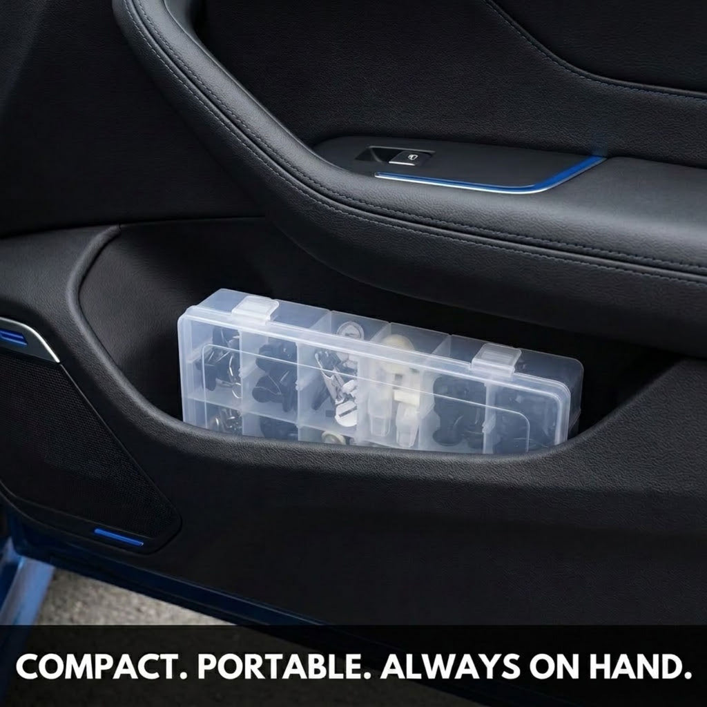 A clear plastic organizer box with multiple compartments, shown resting in a car door pocket. The image includes a text overlay at the bottom that reads 'COMPACT.
