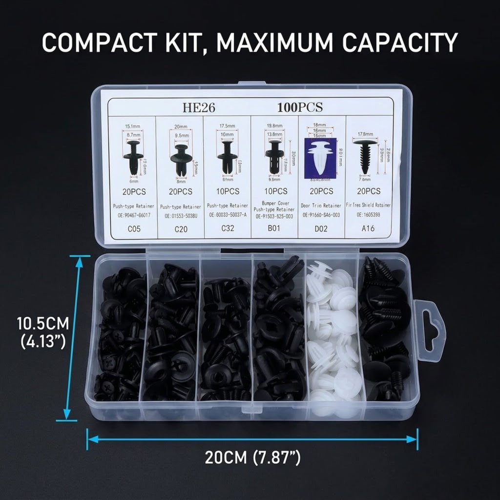 A clear plastic organizer box filled with small black and white hardware fasteners, shown open on a dark background. White text at the top reads 'COMPACT KIT, MAXIMUM CAPACITY,' and measurement lines indicate 10.