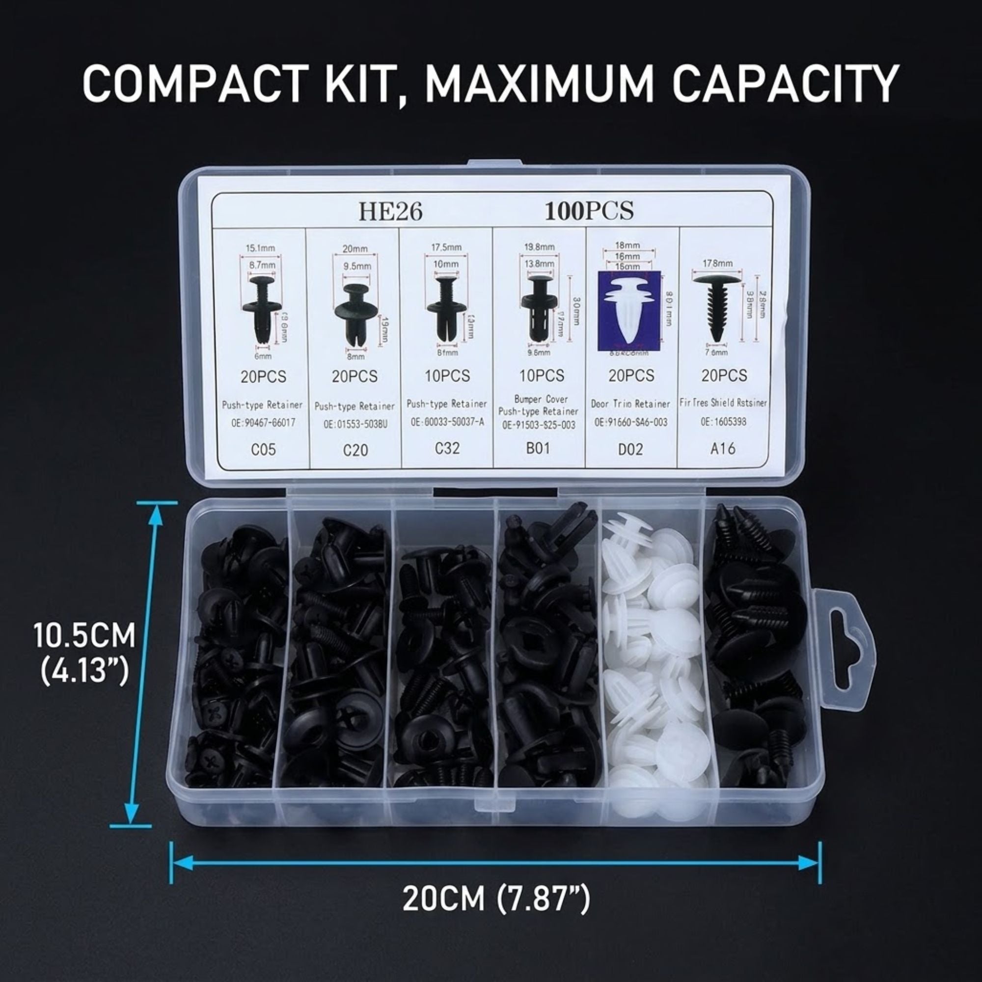 A clear plastic organizer box filled with small black and white hardware fasteners, shown open on a dark background. White text at the top reads 'COMPACT KIT, MAXIMUM CAPACITY,' and measurement lines indicate 10.