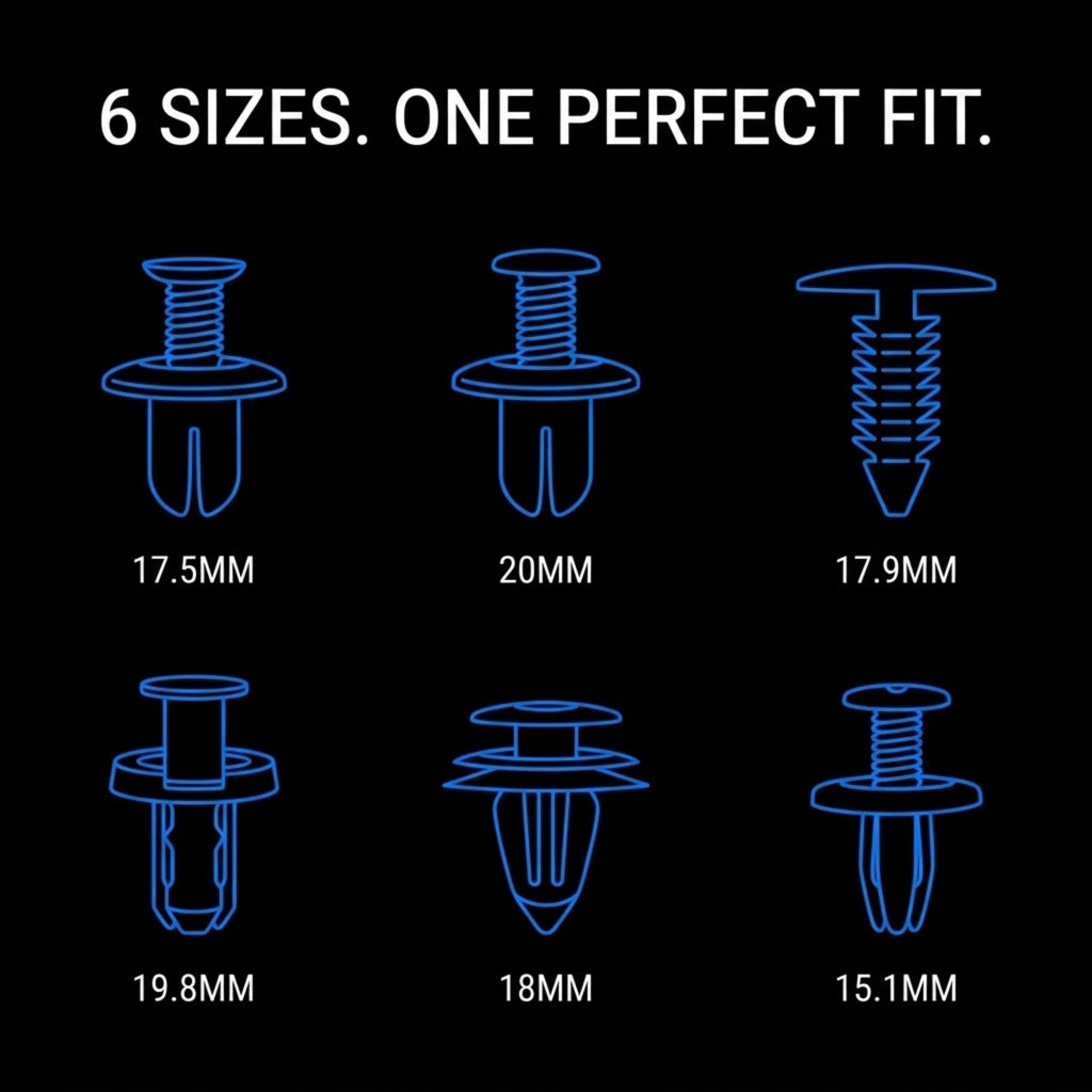 A black informational graphic showing six blue line drawings of clip fasteners with different sizes and white text reading '6 SIZES. ONE PERFECT FIT.