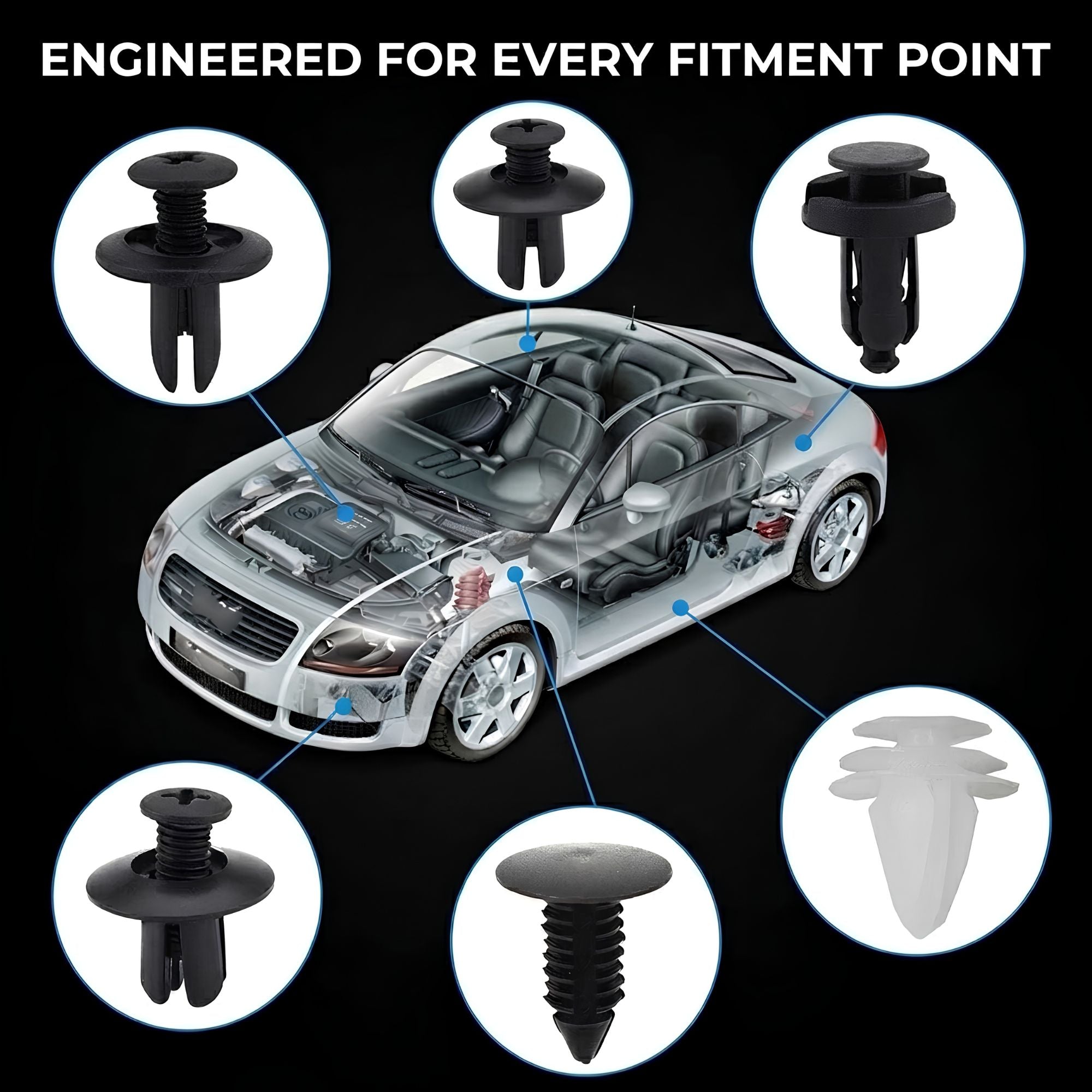 A car cutaway diagram on a black background with the text 'ENGINEERED FOR EVERY FITMENT POINT' and multiple circular insets showing black and translucent plastic fastener clips used to secure the vehicle.