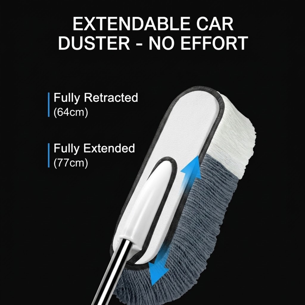 Diagram of the Telescopic Car Brush Kit's duster head fully retracted at 64cm and fully extended at 77cm