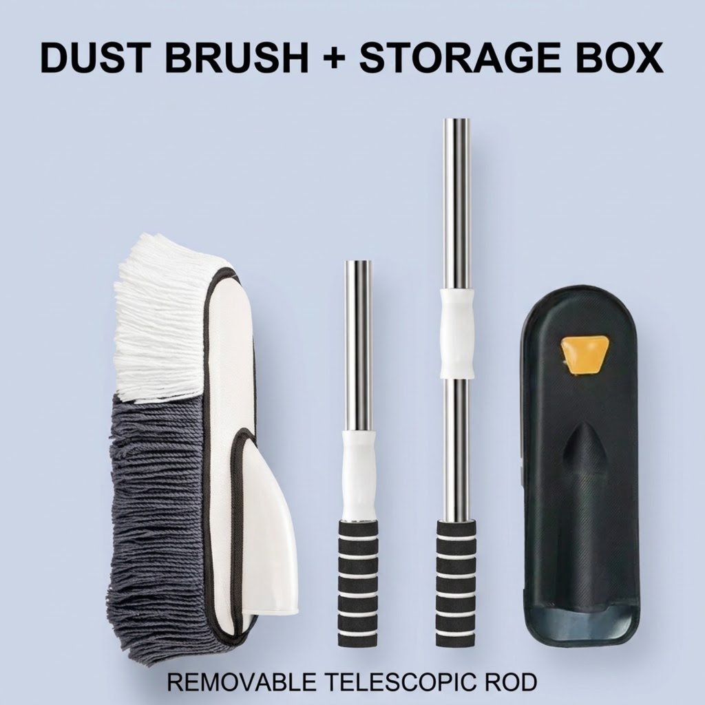 Telescopic Car Brush Kit components including the duster head, removable telescopic rod and black storage box