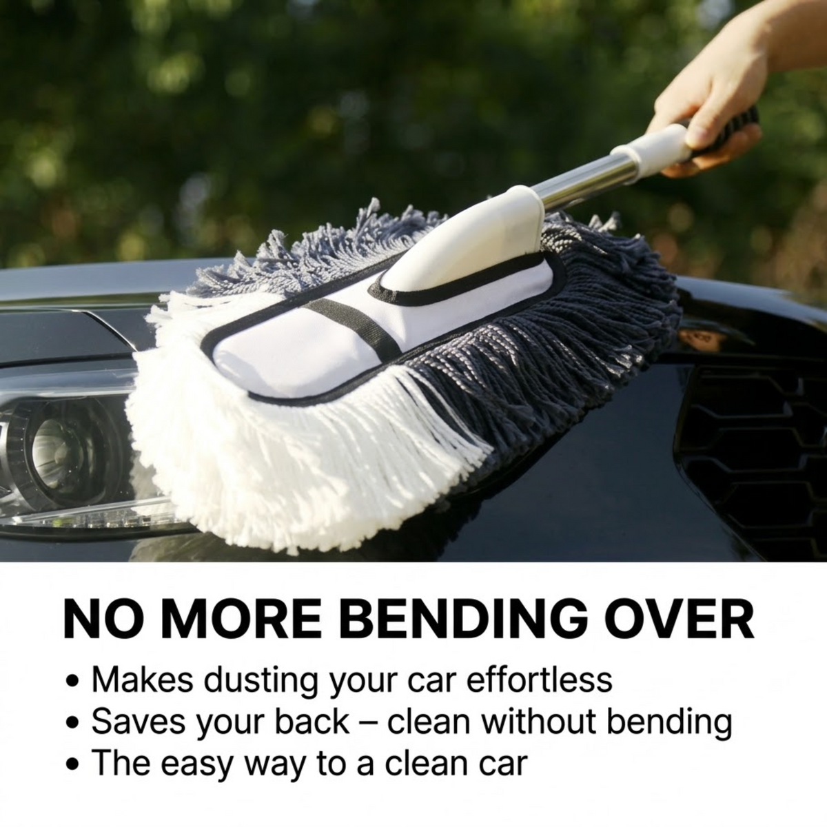 Telescopic Car Brush Kit's long-handle duster being used to clean a car bonnet and headlight without bending over