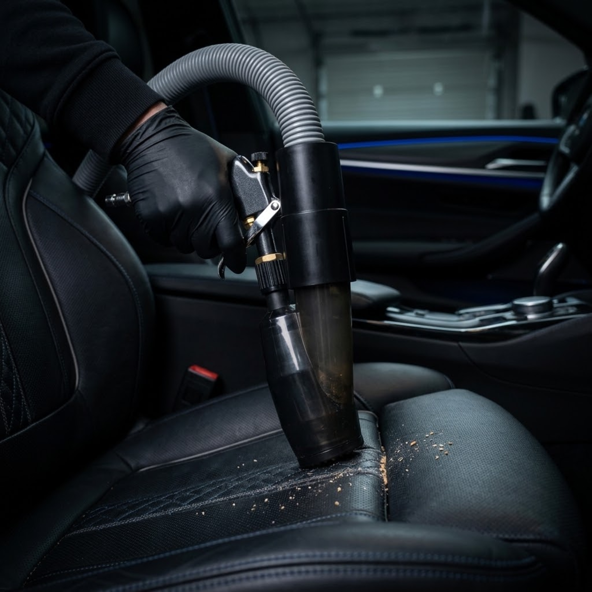 Air detailing gun with vacuum hose attached, removing debris from the seam of a black leather car seat