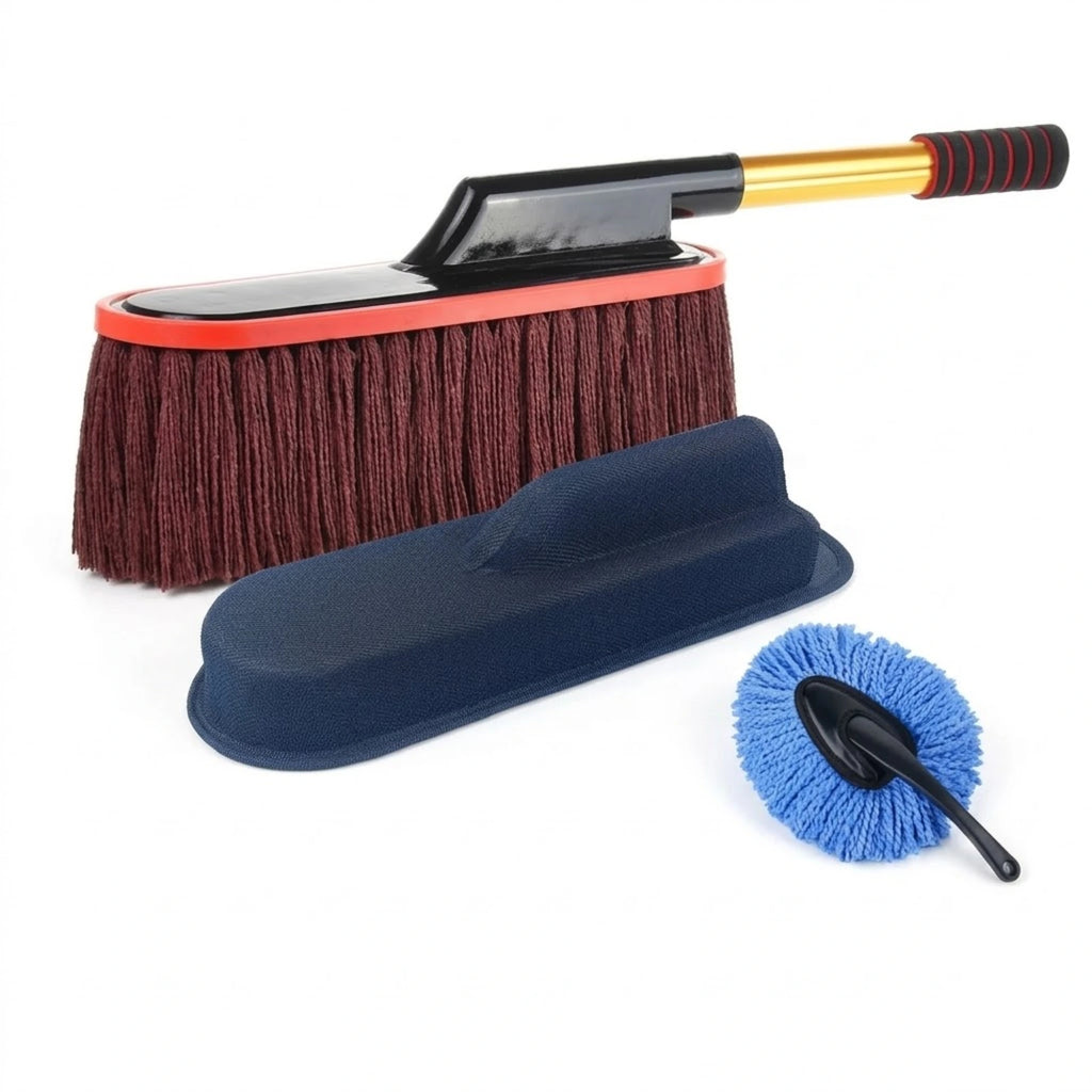Telescopic Wax Duster Brush shown with a matching car wax mop and mini duster head on a white background