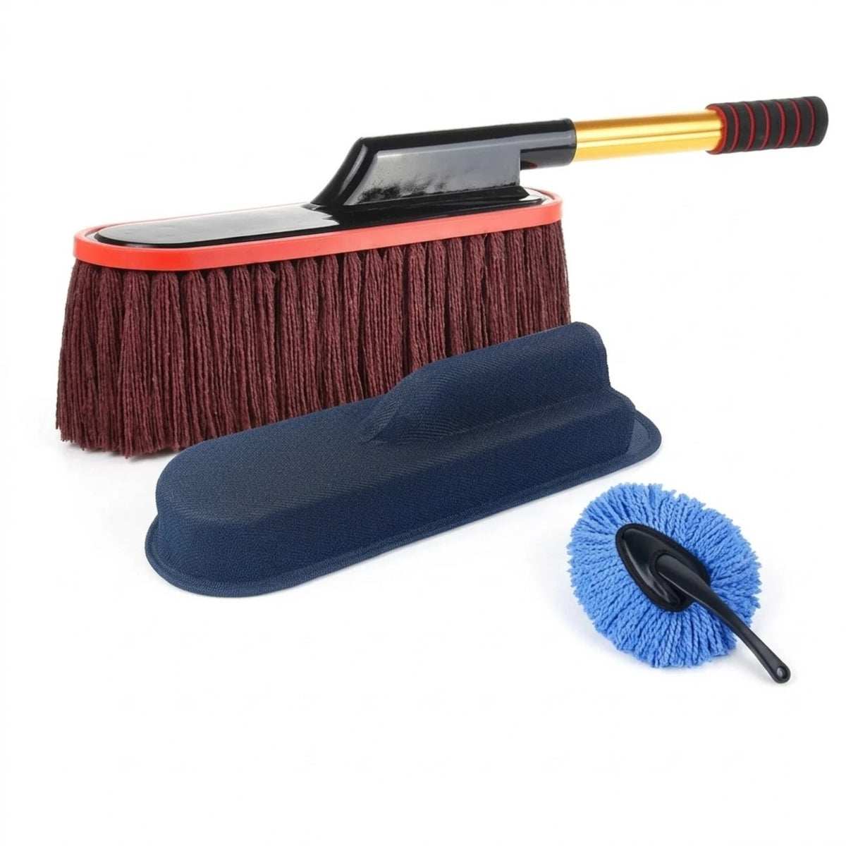 Telescopic Wax Duster Brush shown with a matching car wax mop and mini duster head on a white background