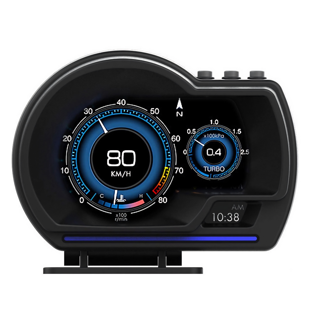 A modern digital car dashboard display screen with a black bezel, featuring blue and white gauges, a speedometer showing 80 KM/H, a turbo gauge, and a digital clock reading 10:38.
