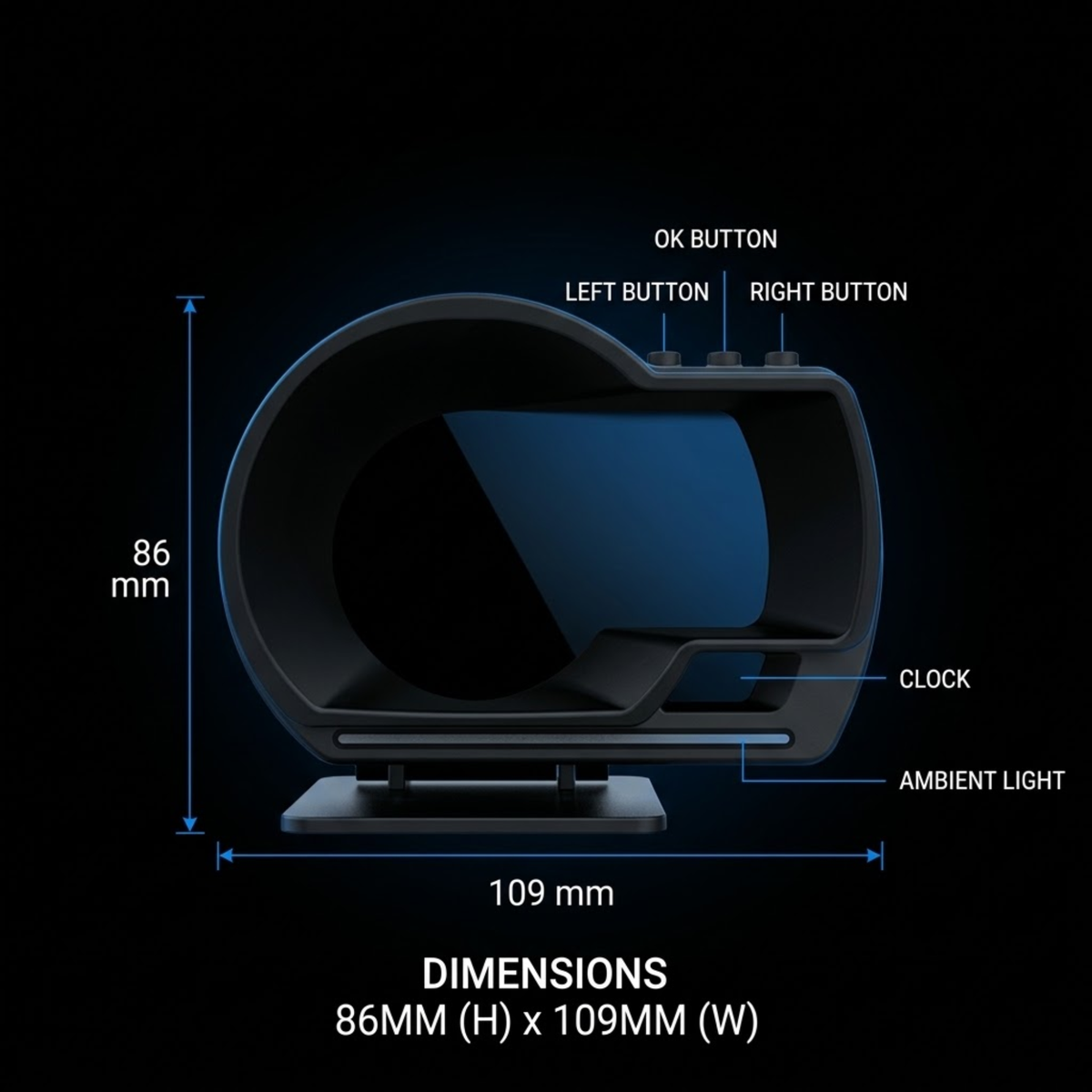 A black automotive headlight cover or visor with labeled dimensions and callouts, including OK button, left and right buttons, clock, and ambient light, on a black background.