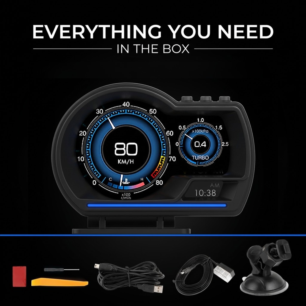 Digital car speedometer dashboard display with a black housing and blue illuminated gauges, shown with accessories including a USB cable, suction cup mount, screwdriver, and red accessory on a black background with the text 'EVERYTHING YOU NEED IN THE BOX'.
