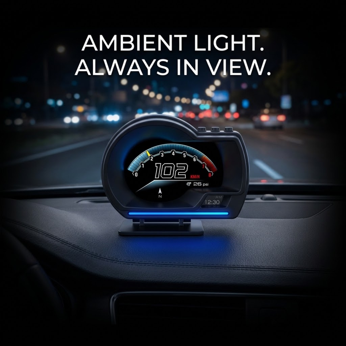 A car dashboard display showing a speedometer and ambient lighting, with the text 'AMBIENT LIGHT. ALWAYS IN VIEW.