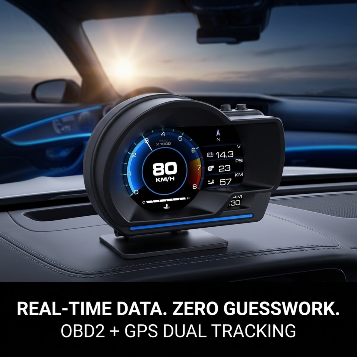 A black OBD2 car dashboard display with a colorful digital speedometer and side metrics, mounted on a car console. The background shows a blurred car interior with blue ambient lighting and a sunset glow through the windshield.