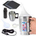 Headlight restoration polishing kit with atomizing cup, repair fluid and cigarette lighter power cord on a white background