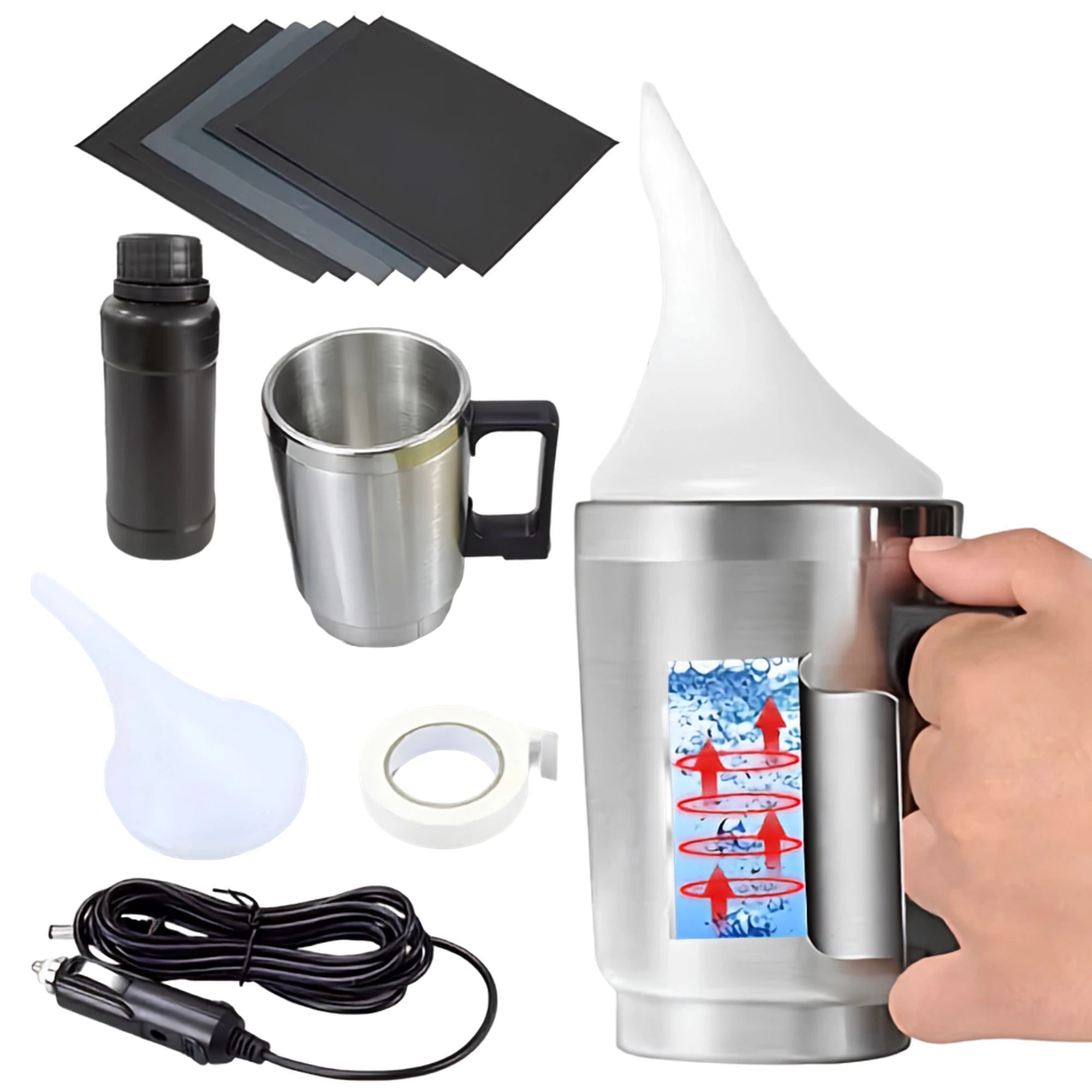 Headlight restoration polishing kit with atomizing cup, repair fluid and cigarette lighter power cord on a white background