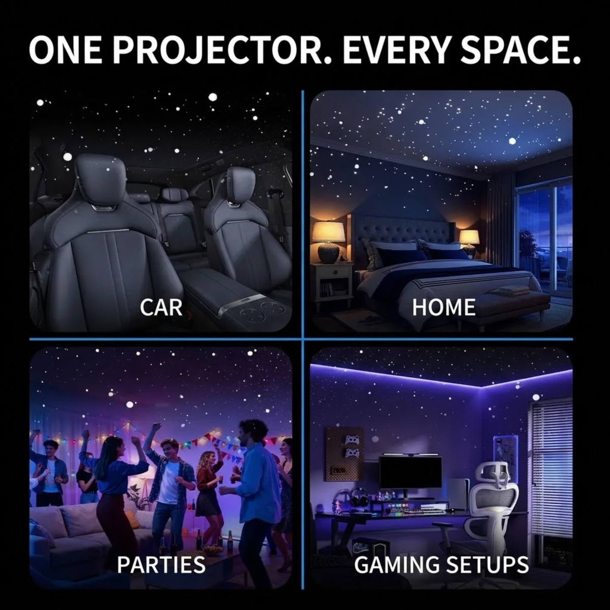 A promotional collage with the headline 'ONE PROJECTOR. EVERY SPACE.
