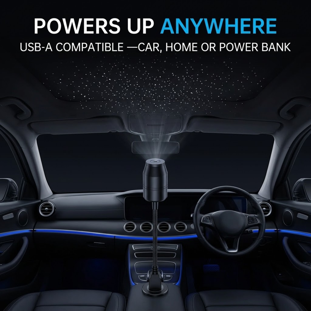 A black cylindrical car air freshener or diffuser on a stand, emitting mist from the top inside a car cabin, with text reading 'POWERS UP ANYWHERE USB-A COMPATIBLE — CAR, HOME OR POWER BANK'.