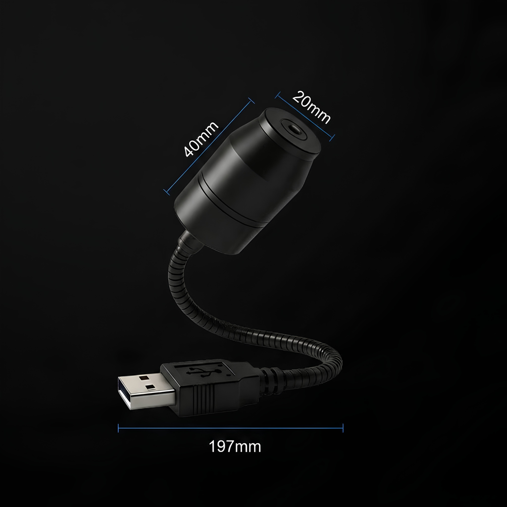 Black USB adapter with a flexible coiled cable, shown on a black background with overlaid dimension labels: 40mm length, 20mm diameter, and 197mm cable length.