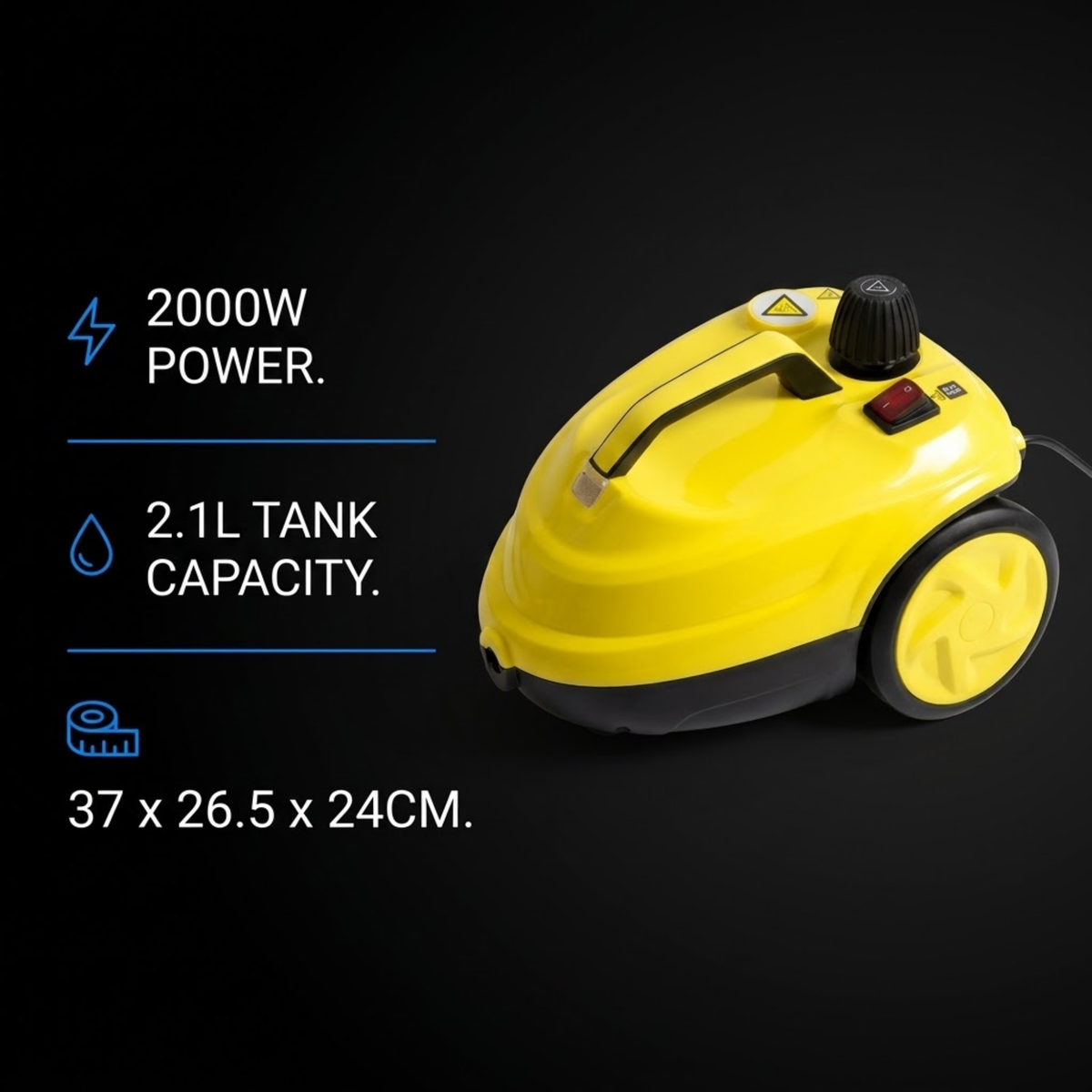 High-pressure car steam cleaner with icons showing 2000W power, 2.1L tank capacity and 37 x 26.5 x 24cm size