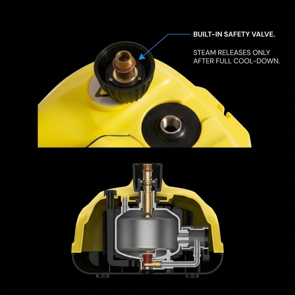Close-up of the high-pressure steam cleaner's built-in safety valve and internal boiler cutaway diagram
