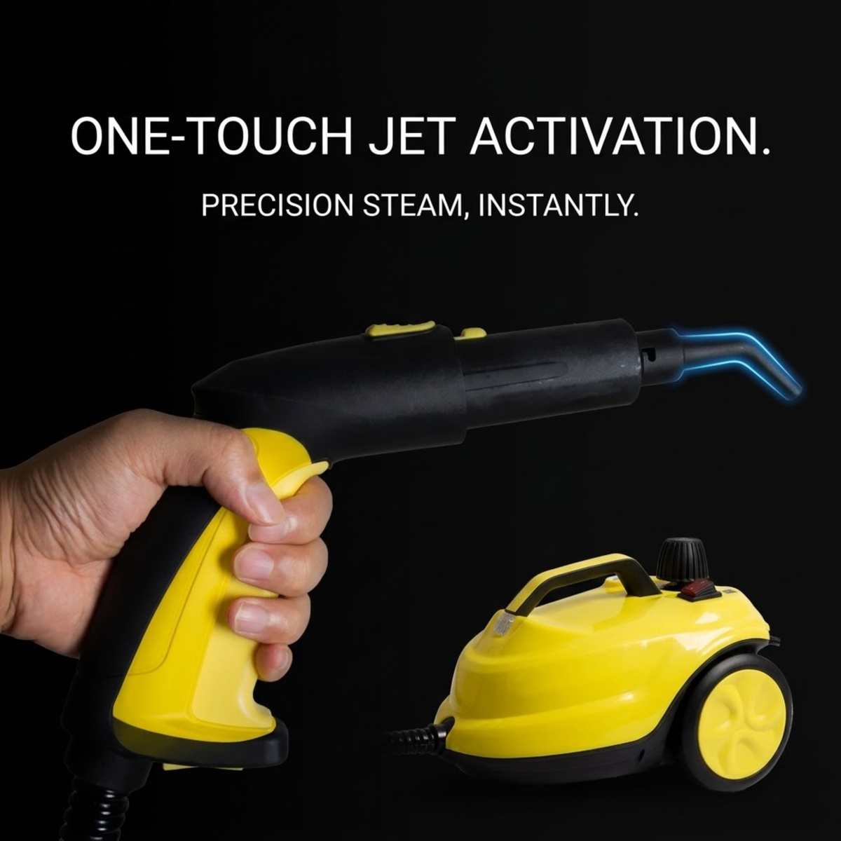 Hand gripping the high-pressure steam cleaner's trigger handle releasing a steam jet for one-touch activation