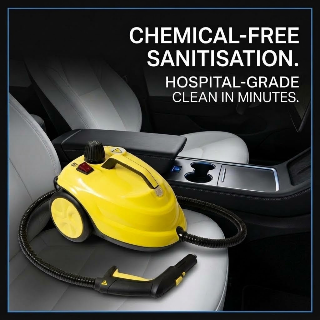 High-pressure car interior steam cleaner on a centre console, showing chemical-free hospital-grade sanitisation