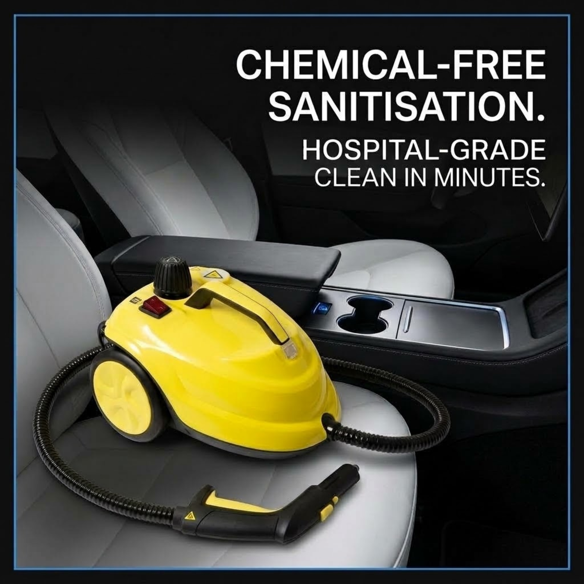 High-pressure car interior steam cleaner on a centre console, showing chemical-free hospital-grade sanitisation